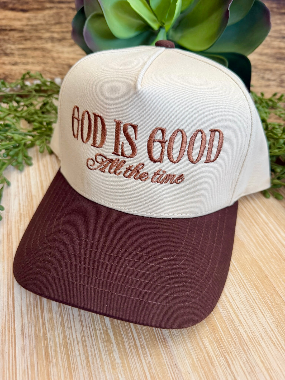 God Is Good Brown Embroidered Trucker Hat