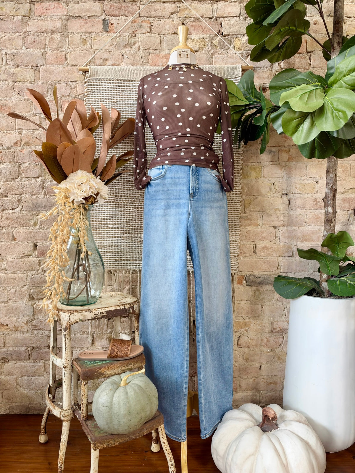 Lead The Way Brown Polka Dot Mesh Top
