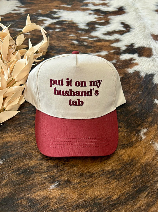 Put It On My Husbands Tab Burgundy Trucker Hat