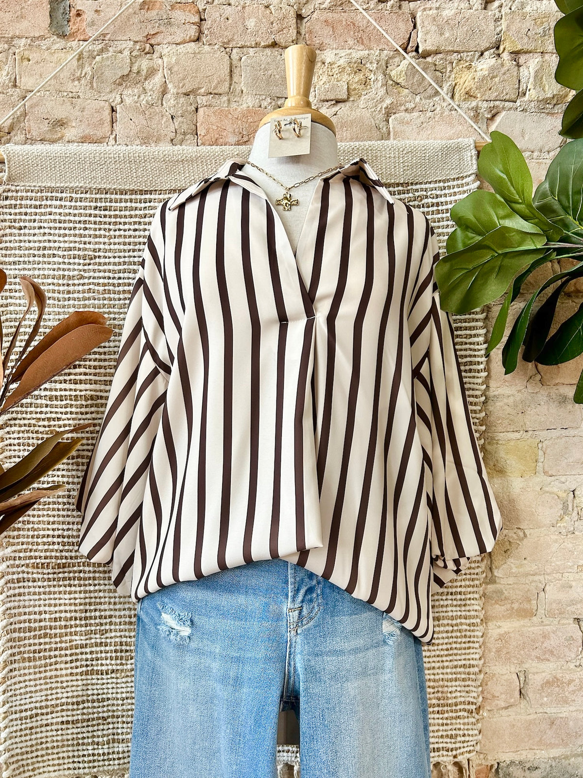 Born With A Purpose Brown Striped Satin Blouse