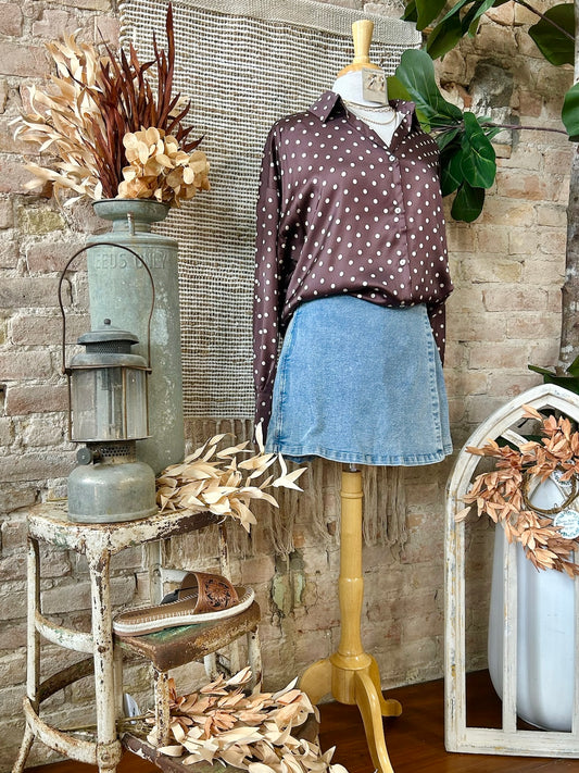 Sugar & Spice Brown Polka Dot Satin Blouse