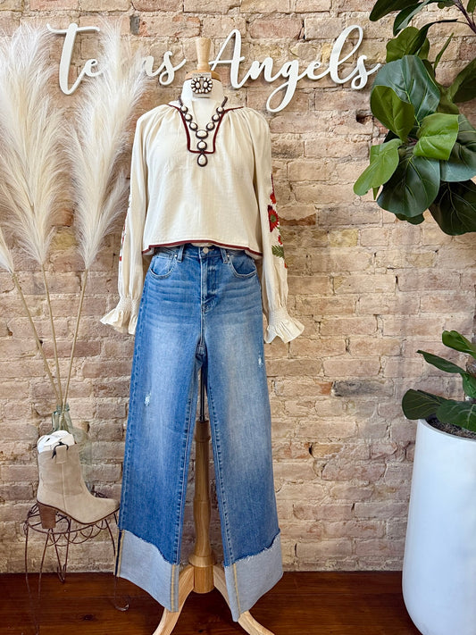 Find the Beauty In Everything Beige Floral Embroidered Blouse