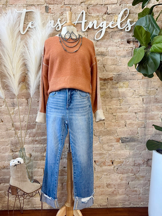 Sweater Weather Burnt Orange Color Block Sweater