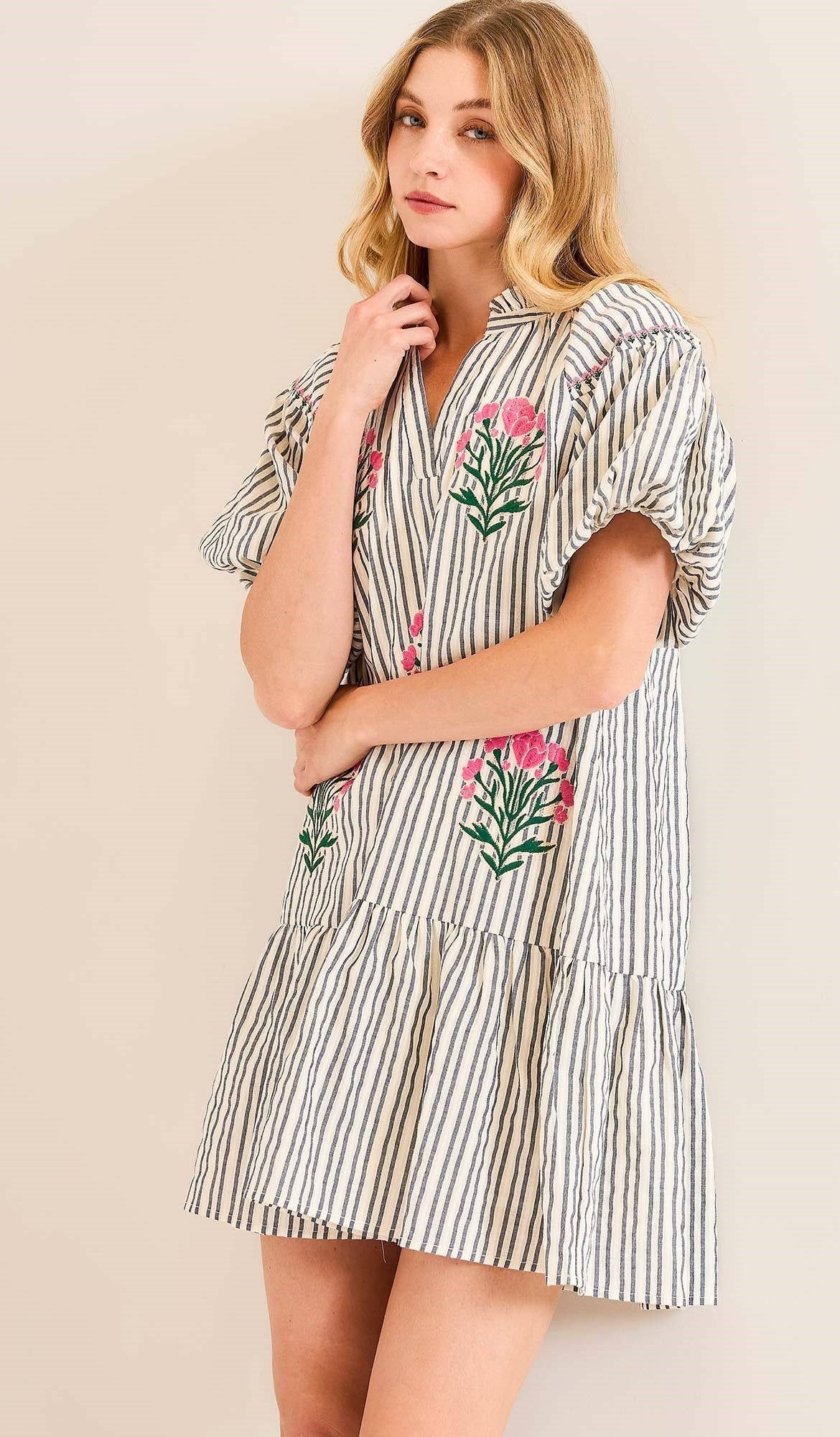 Watching The Seagulls Striped Embroidered Dress