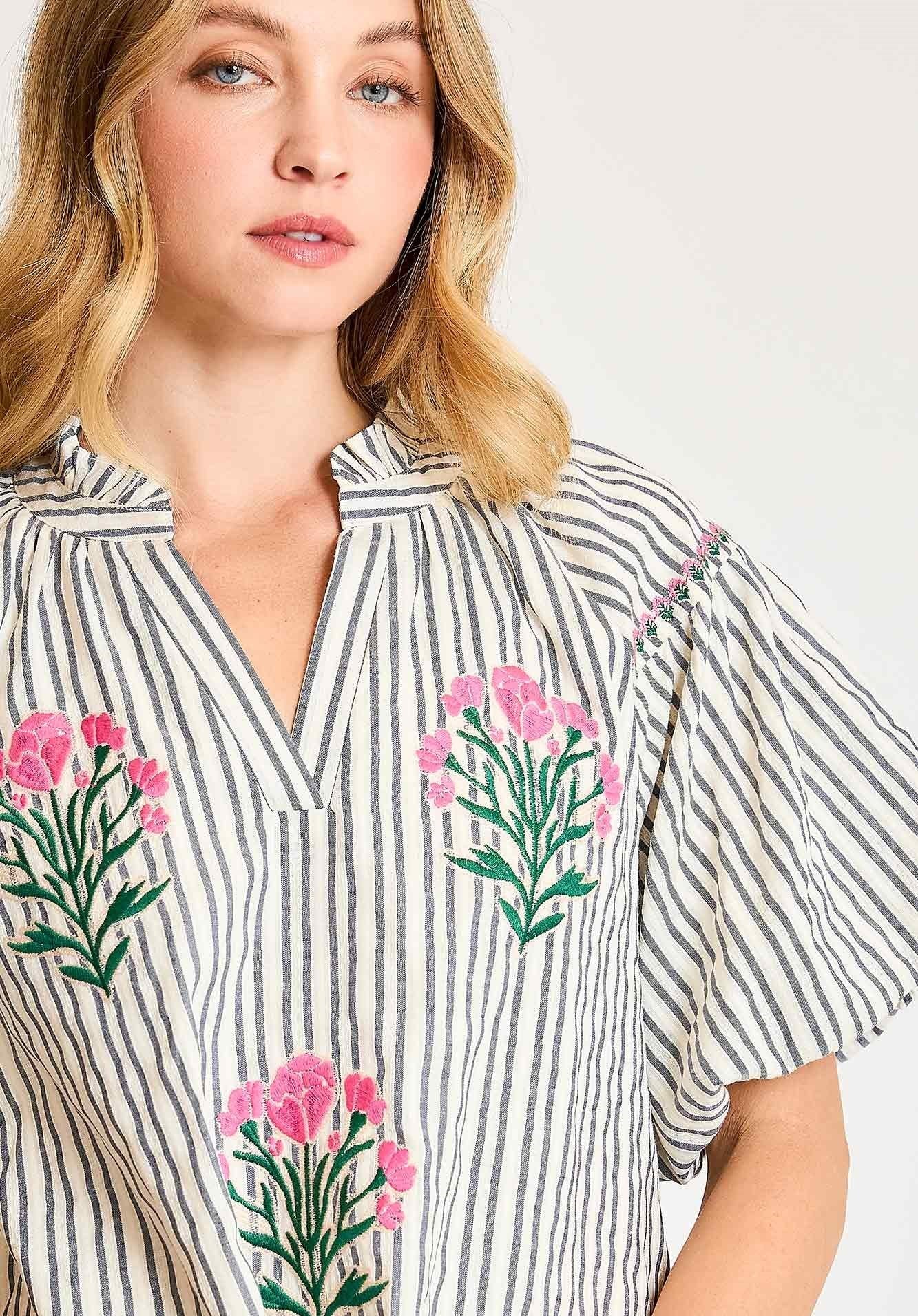 Watching The Seagulls Striped Embroidered Dress