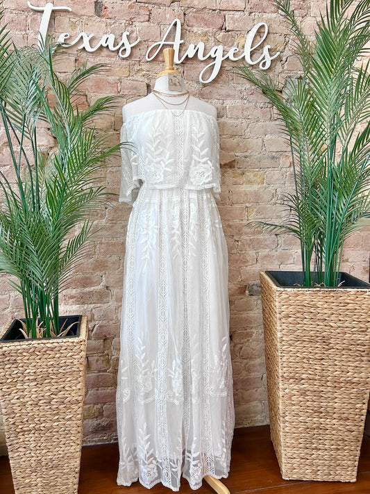 Sail Away White Lace Off Shoulder Maxi Dress