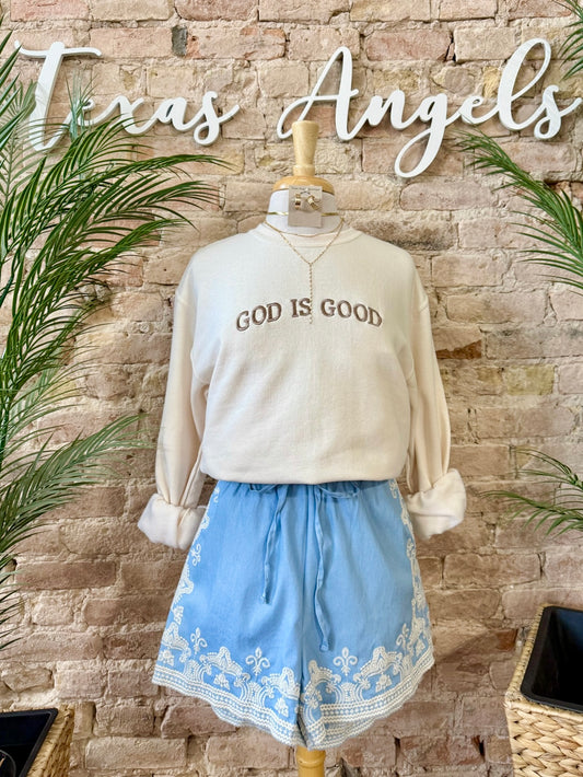 Coastin’ Light Chambray Embroidered Shorts