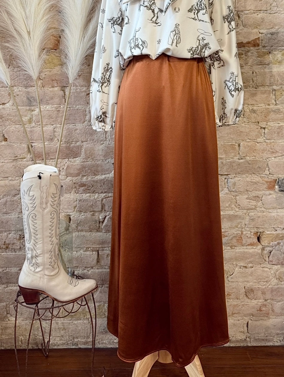 RESTOCK Saturday Night Burnt Orange Satin Skirt