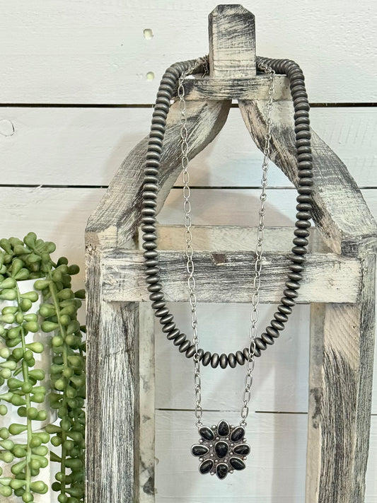 Black Concho Pendant & Silver Chain Necklace