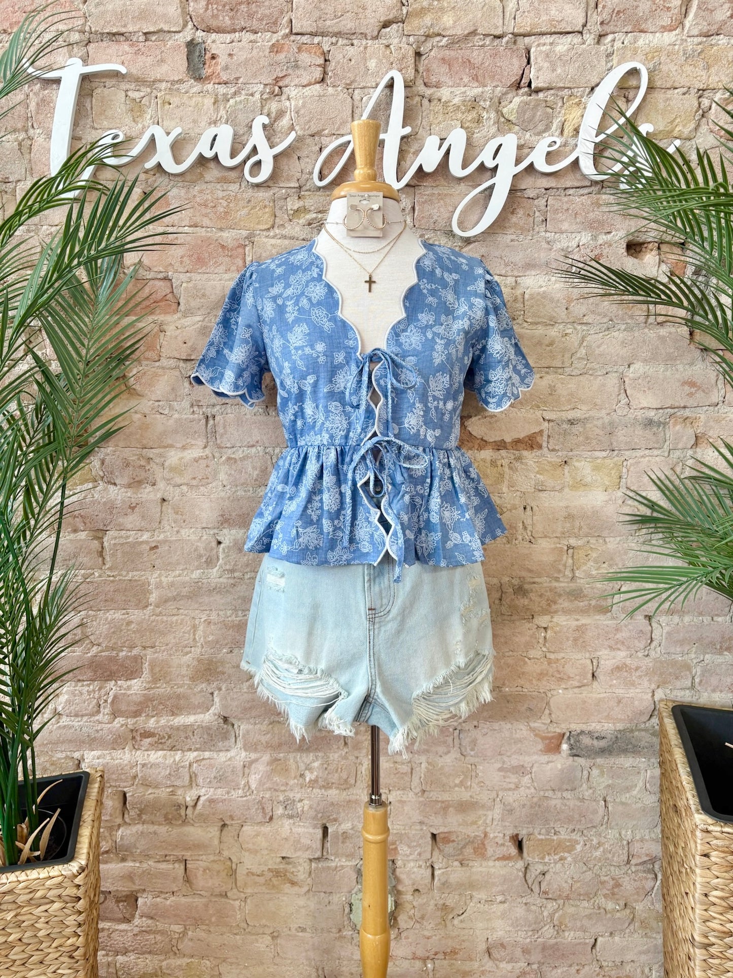 Somewhere Down In Texas Scalloped Denim Topo