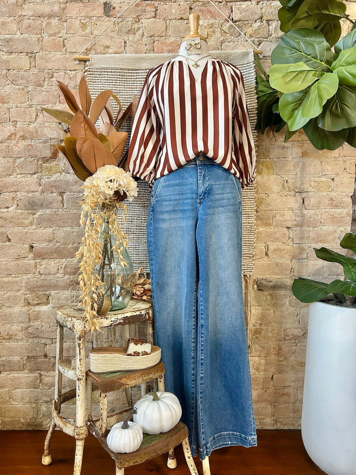 Hayrides & Hot Coco Rust Striped Satin Blouse