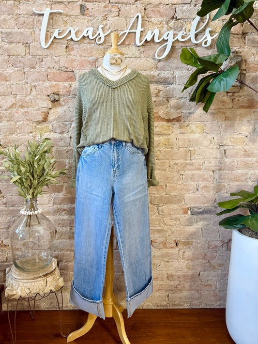Check Out The View Oversized Olive V-Neck Top