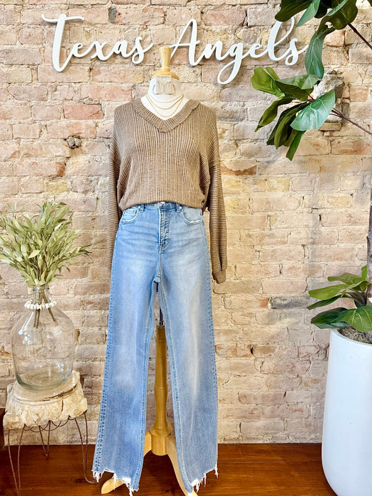 Check Out The View Oversized Brown V-Neck Top