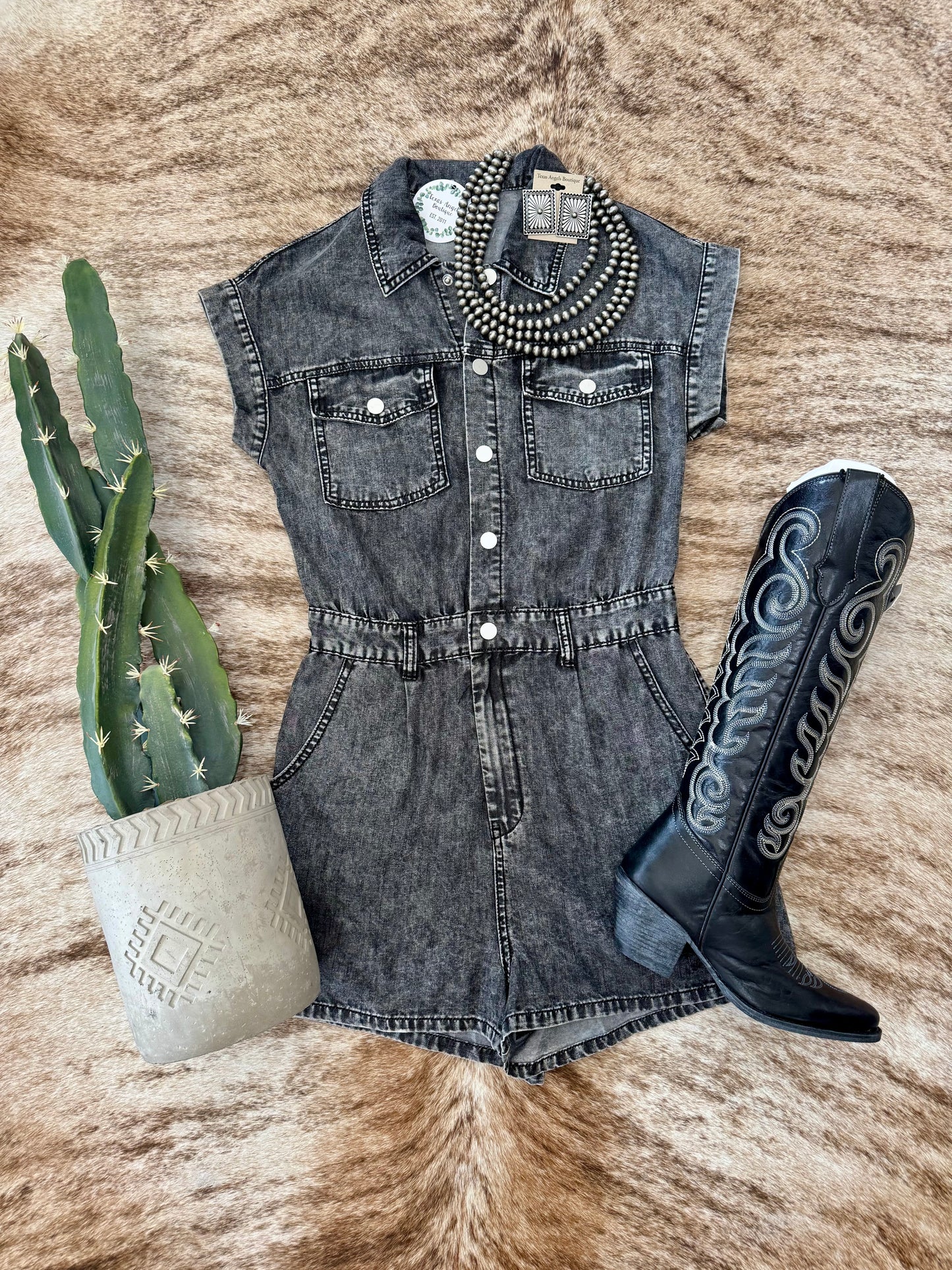 Meet Me At The Wine Tent Black Acid Wash Denim Romper