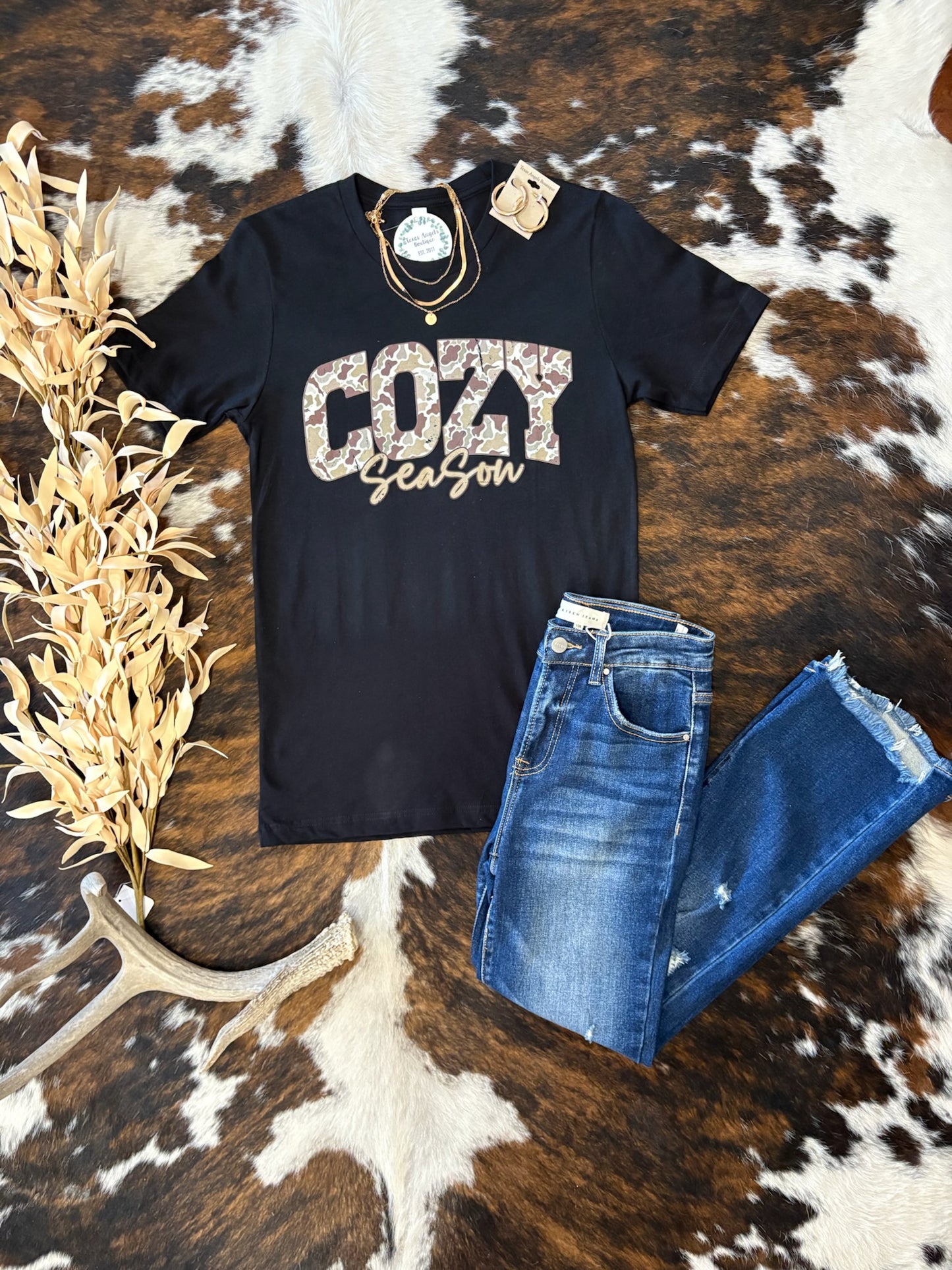 Camo Cozy Season Black Graphic Tee