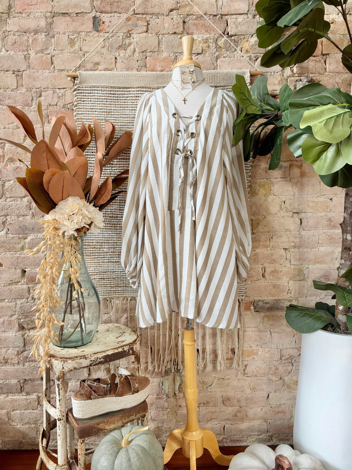 Your Secret Is Safe With Me Striped Mocha Lace Up Dress