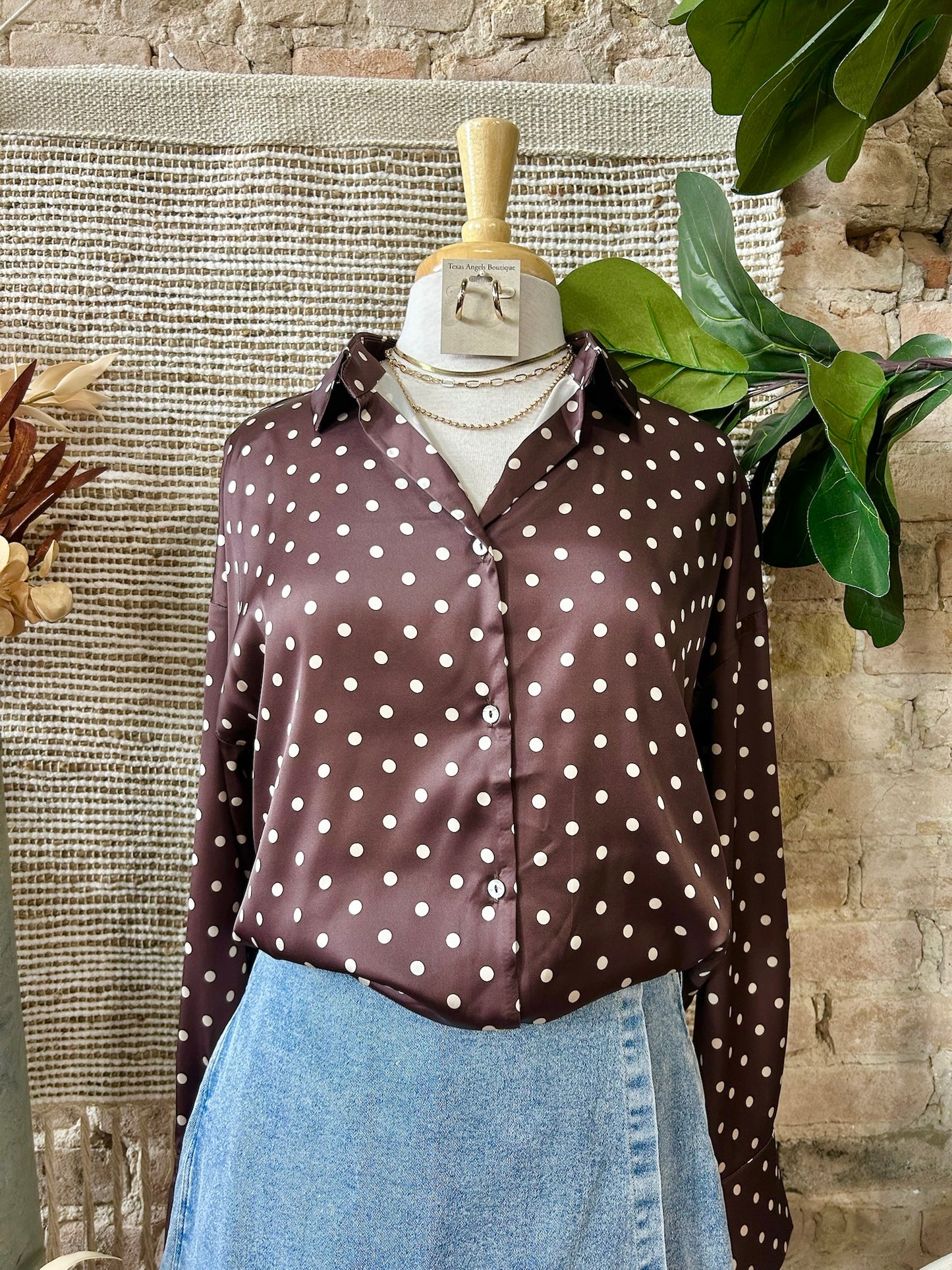 Sugar & Spice Brown Polka Dot Satin Blouse