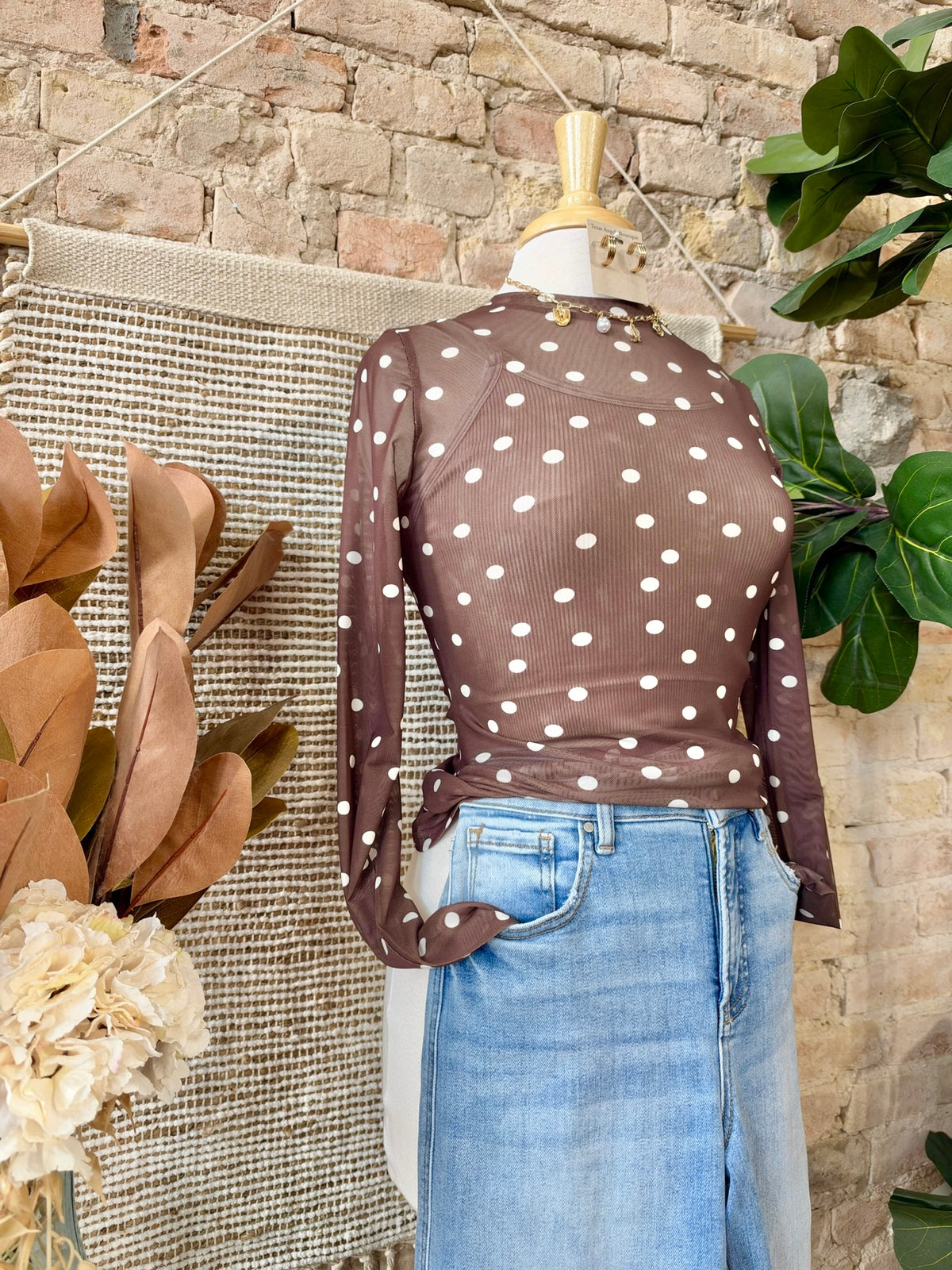 Lead The Way Brown Polka Dot Mesh Top