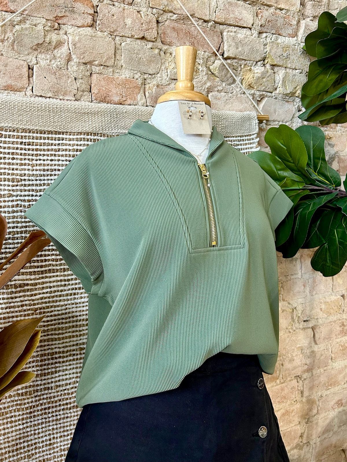 Just A Matter Of Time Olive Zip Up Top