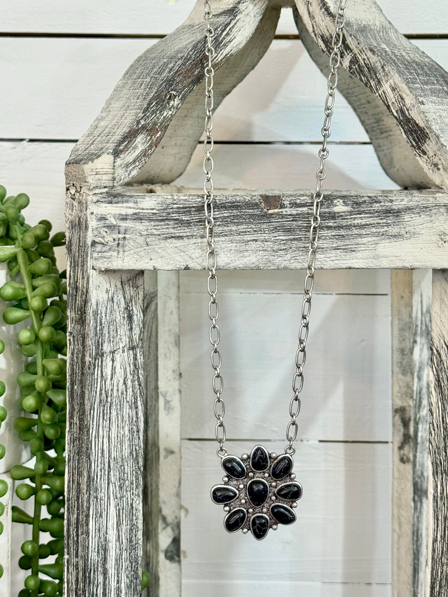 Black Concho Pendant & Silver Chain Necklace