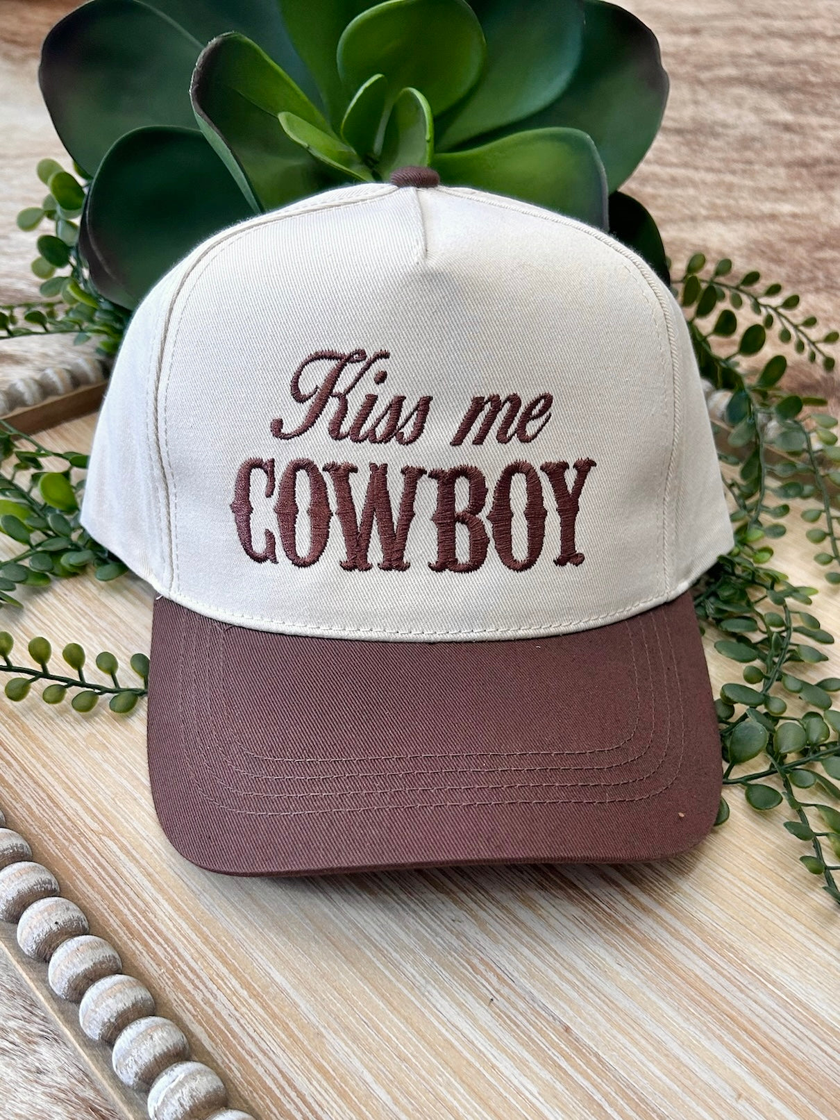 Kiss Me Cowboy Brown Embroidered Trucker Hat