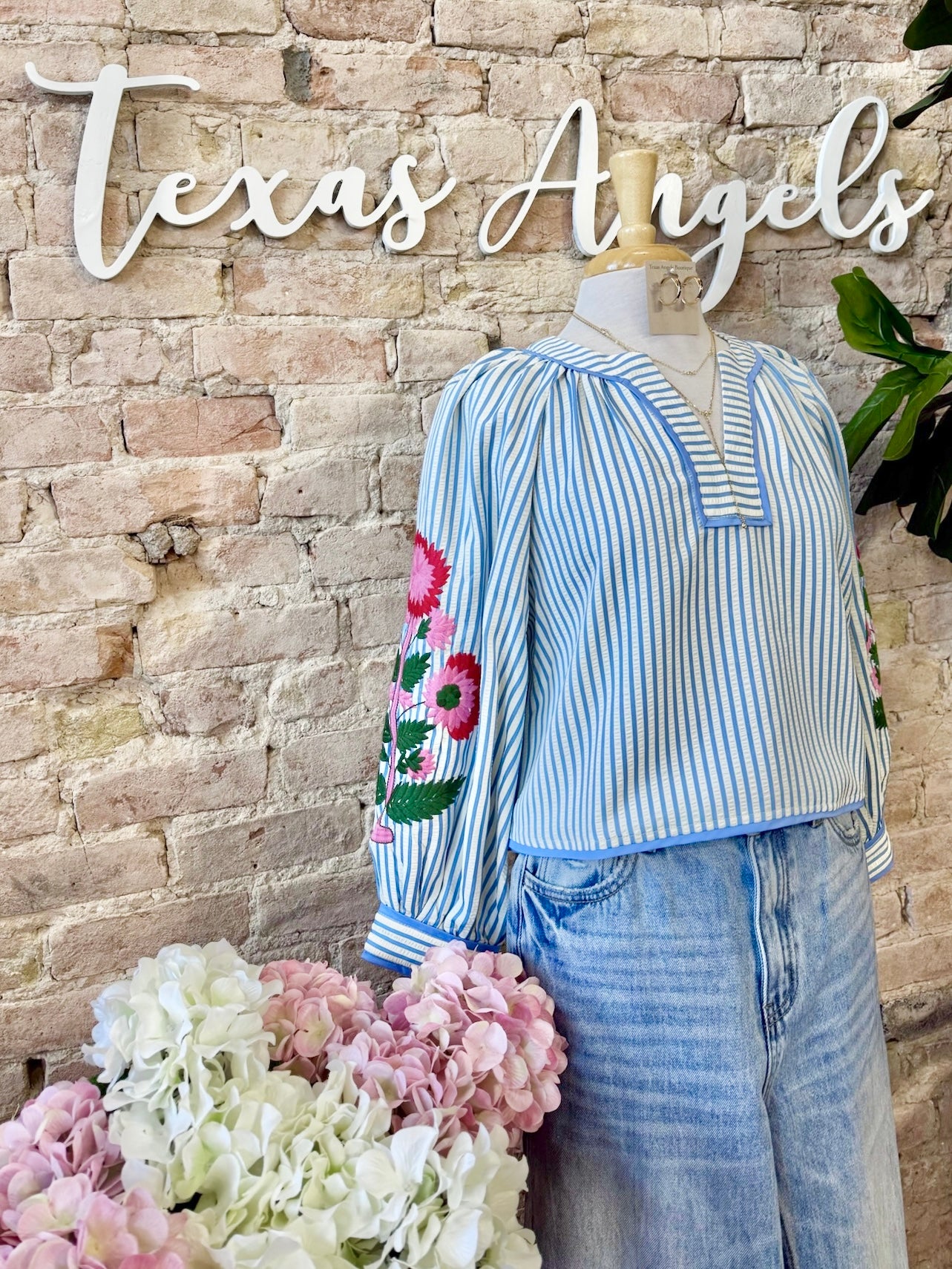 Can't Stop Staring At You Blue Striped Embroidered Blouse