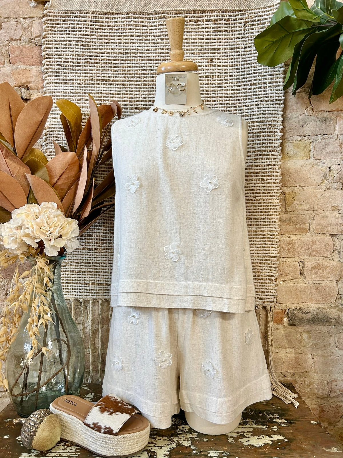 50% Off - Floral Fantasy Taupe Linen Tank
