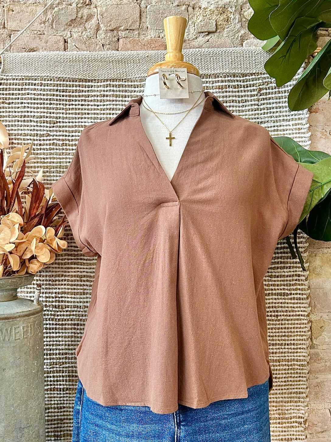 When The Leafs Start Turning Rust Collared V-Neck Top
