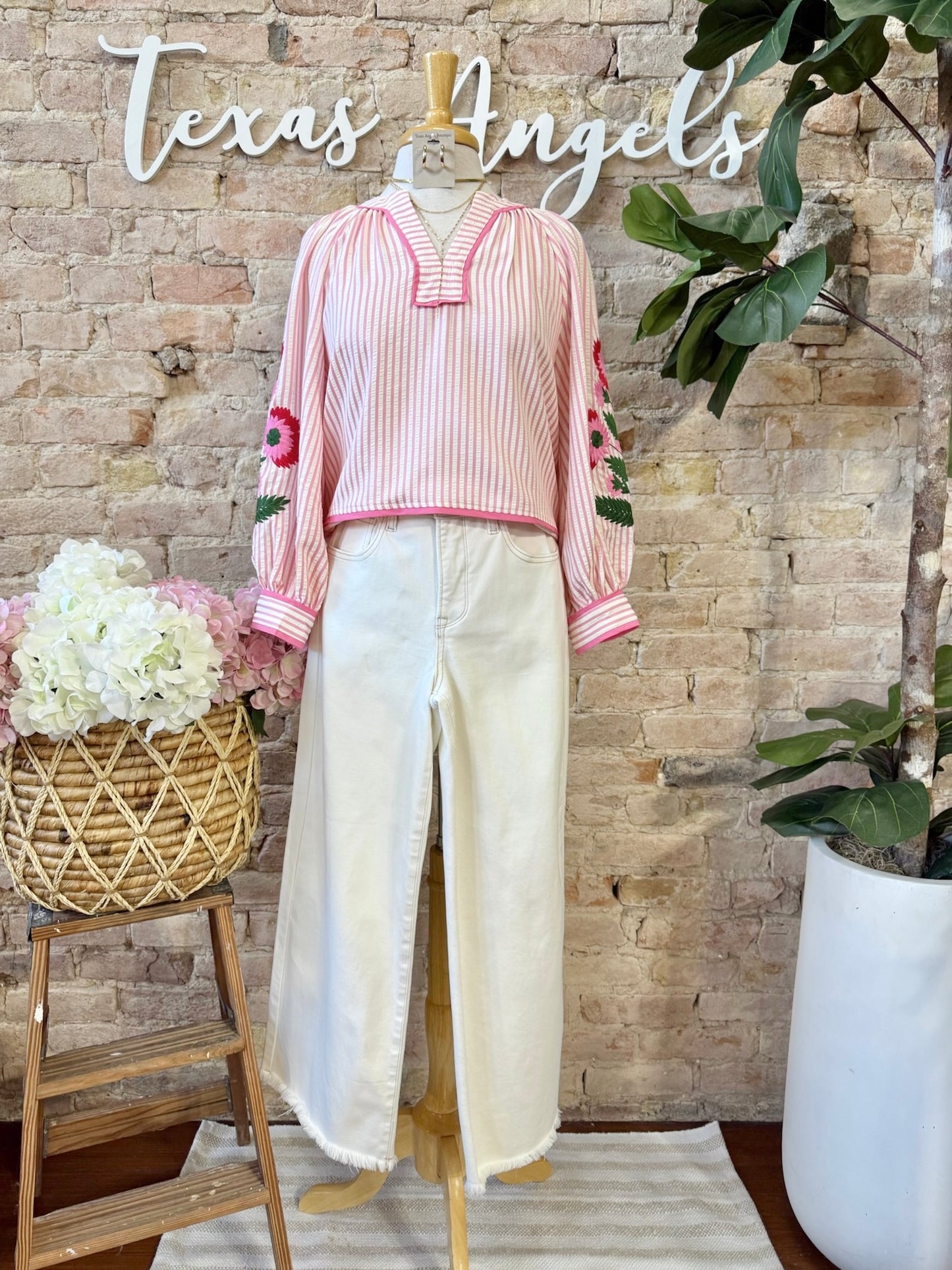 Can't Stop Staring At You Pink Striped Embroidered Blouse