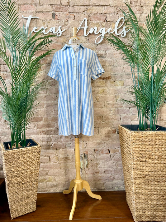 Sea Shells & Cocktails Light Blue Striped Dress