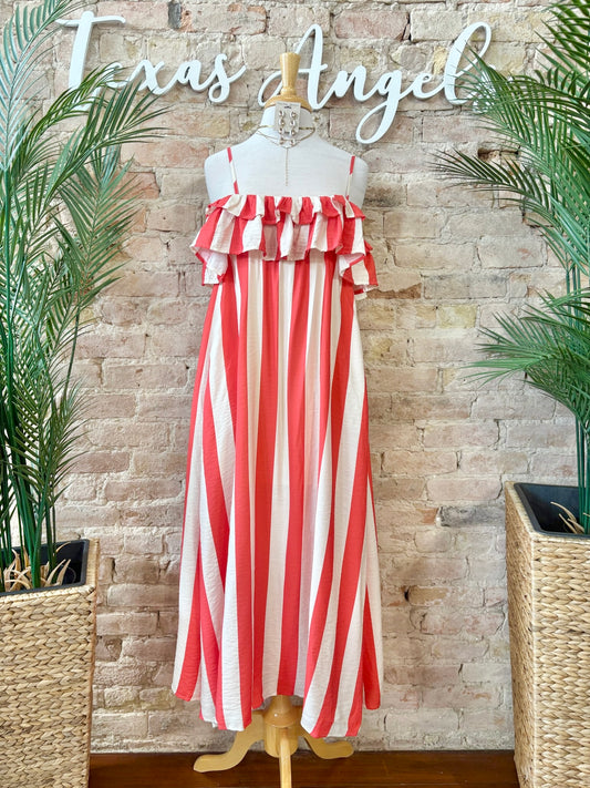 Right From The Start Red Ruffled Striped Maxi
