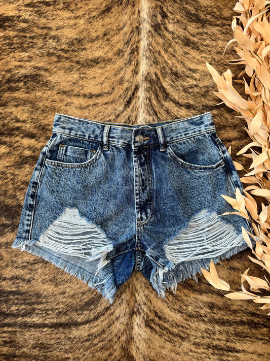 Miss Me Yet Medium Wash Distressed Denim Shorts