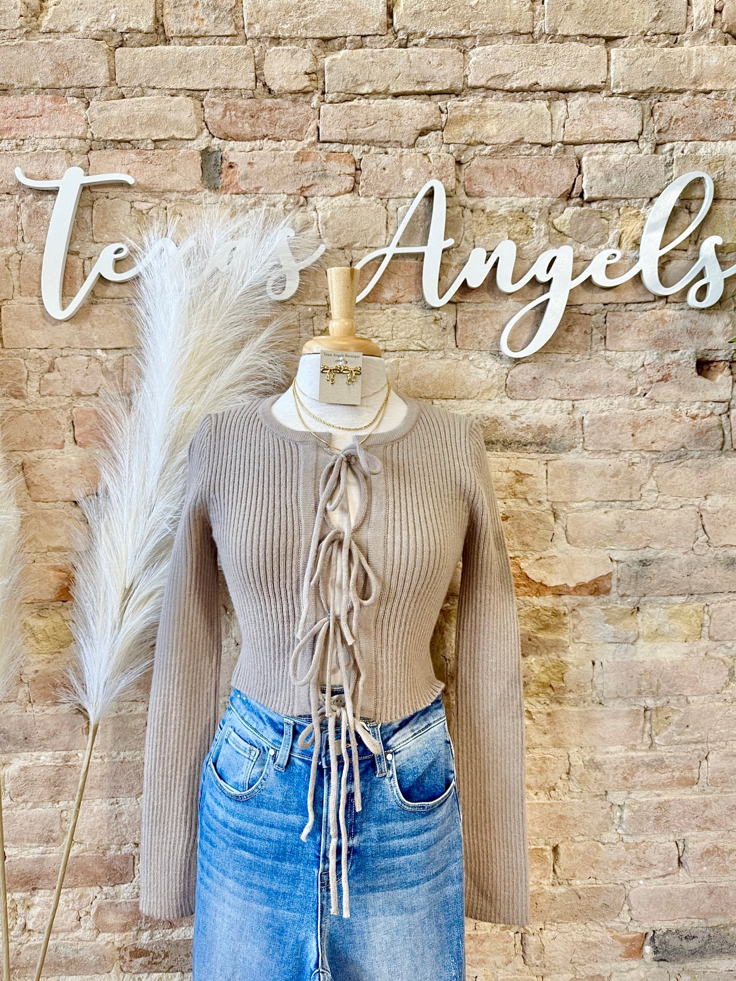 50% Off - Traditional Baddie Taupe Bow Tie Sweater