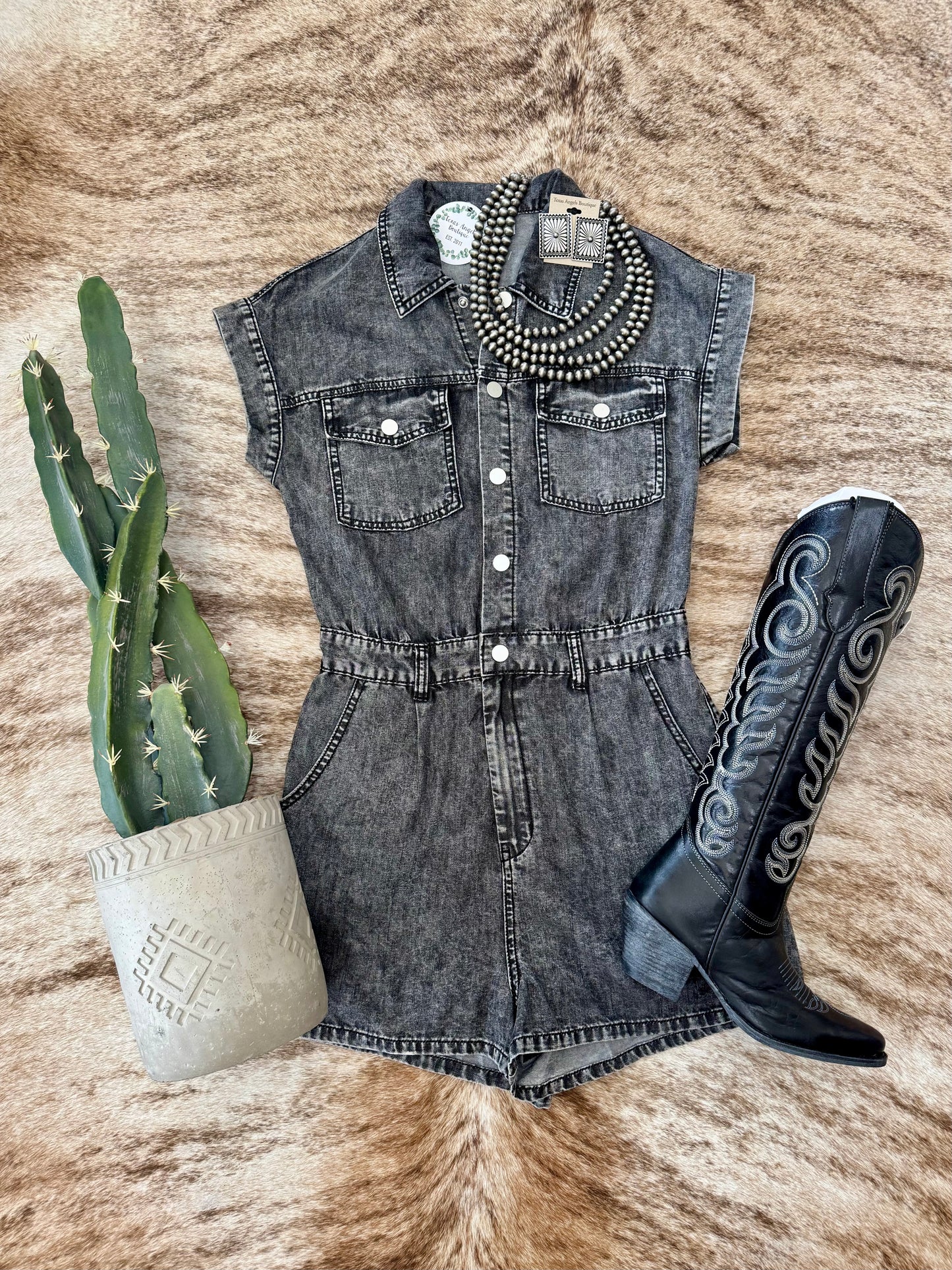 Meet Me At The Wine Tent Black Acid Wash Denim Romper