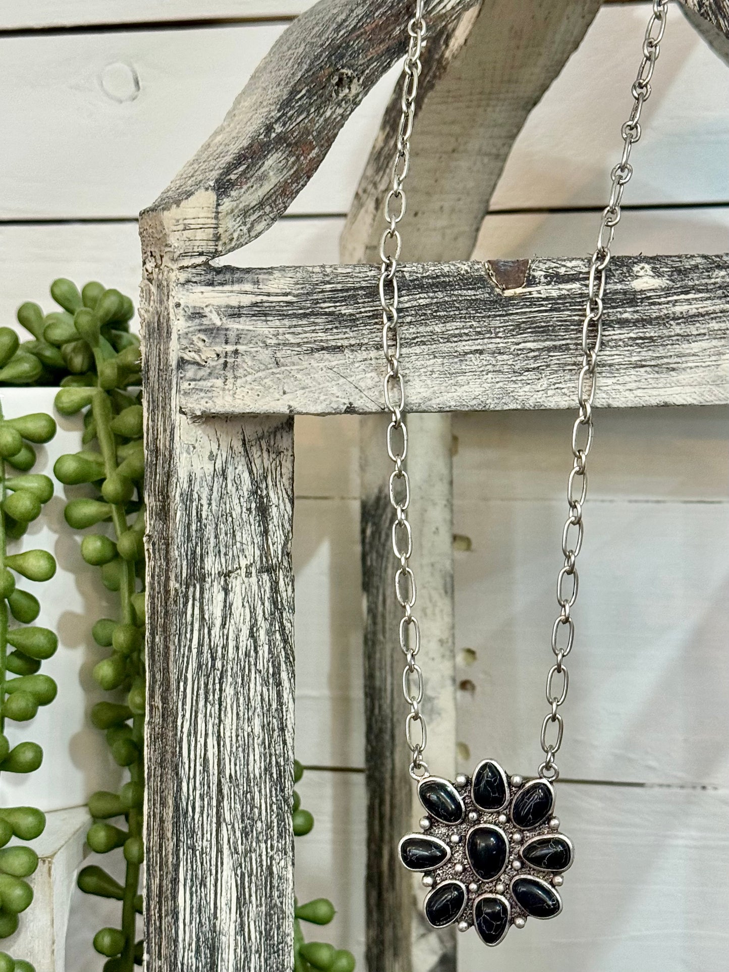 Black Concho Pendant & Silver Chain Necklace