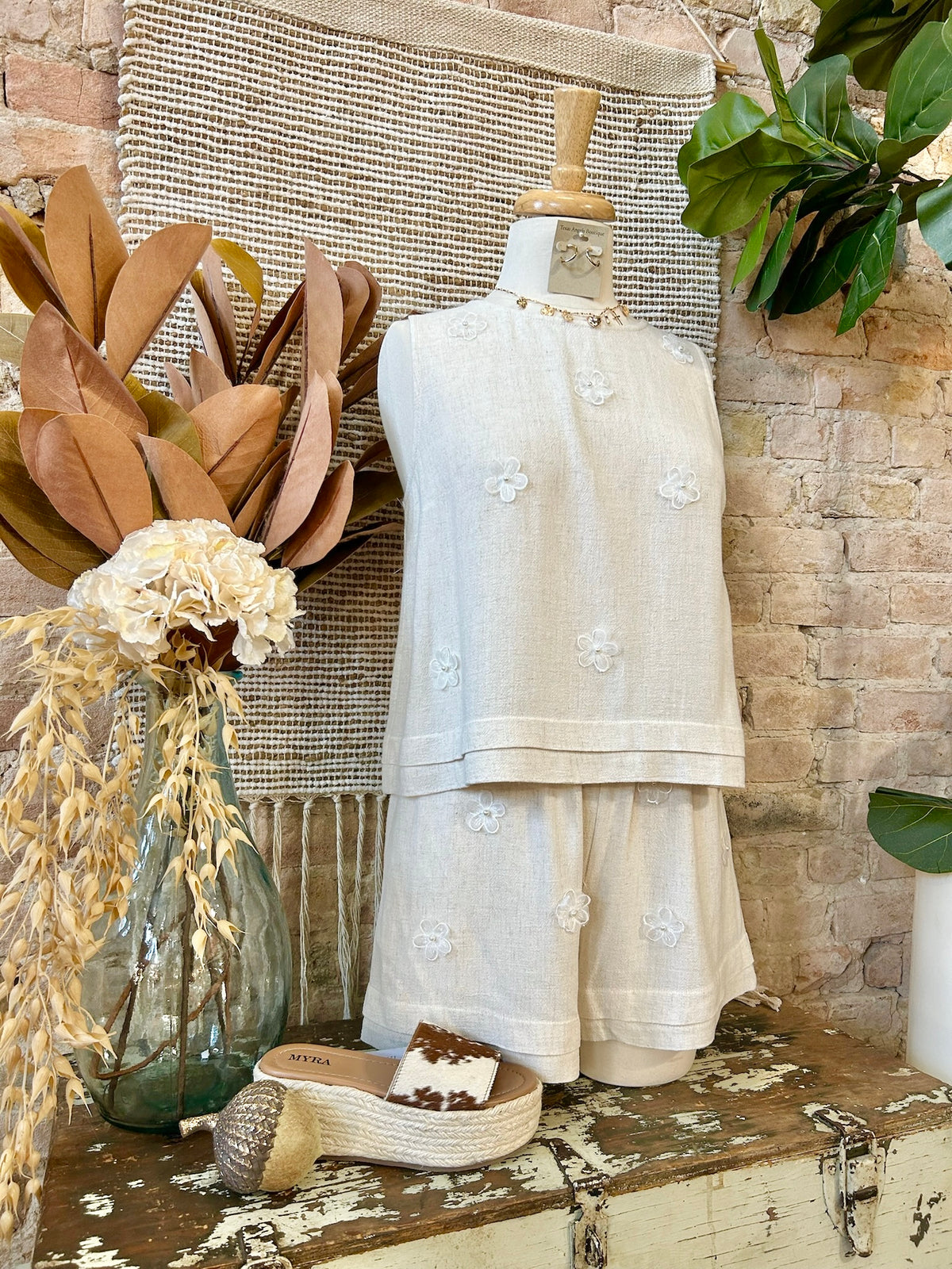50% Off - Floral Fantasy Taupe Linen Tank