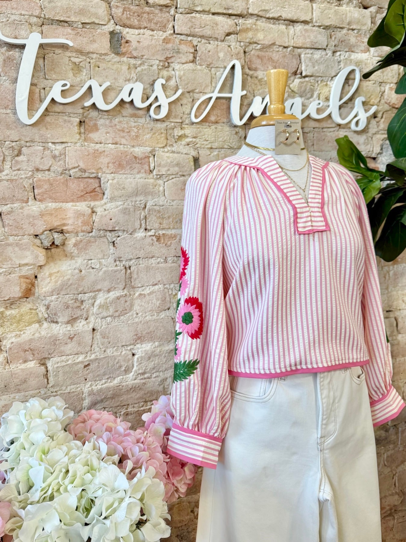 Can't Stop Staring At You Pink Striped Embroidered Blouse