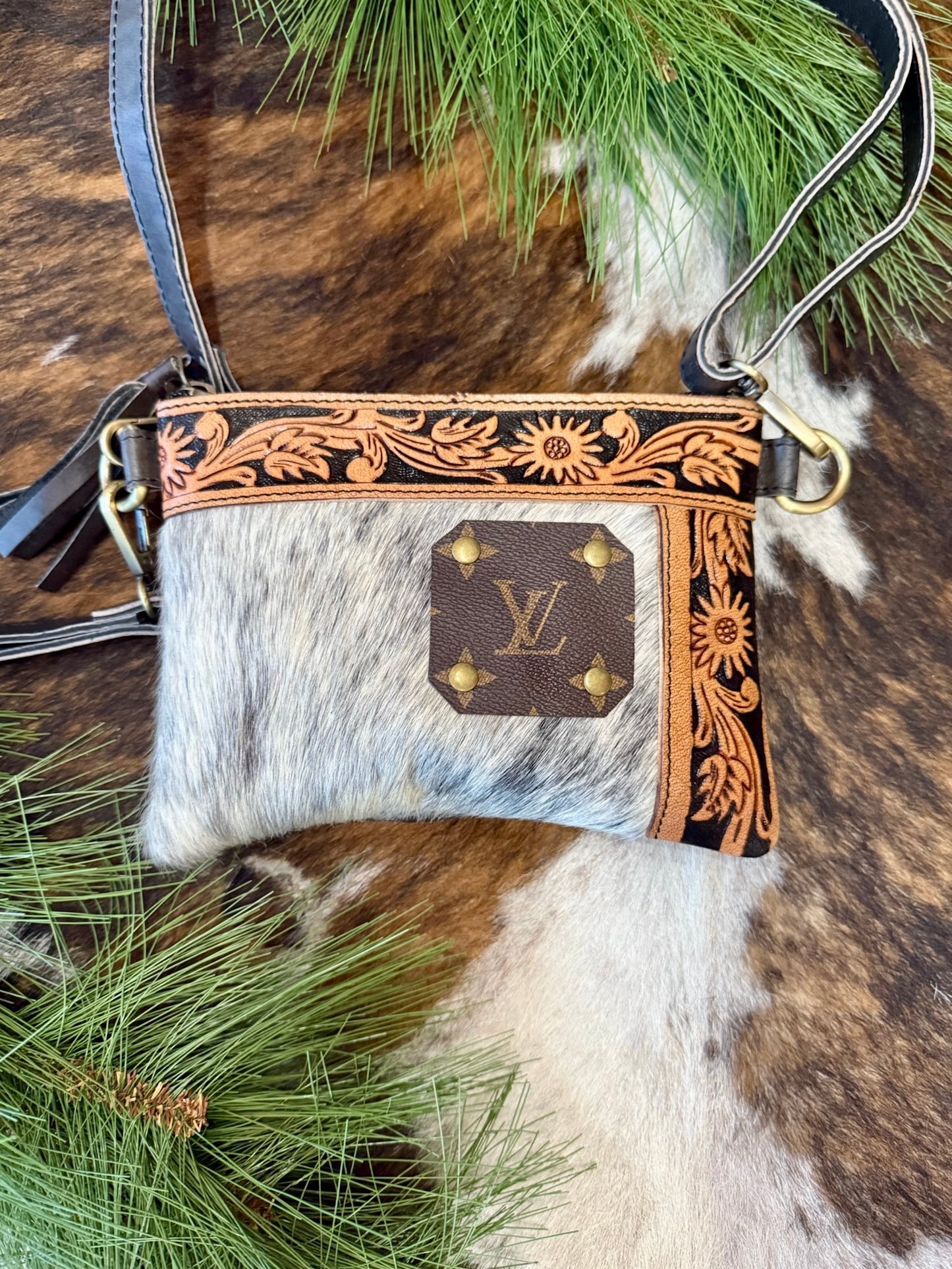 The Brinklee Upcycled LV Tooled Leather Crossbody