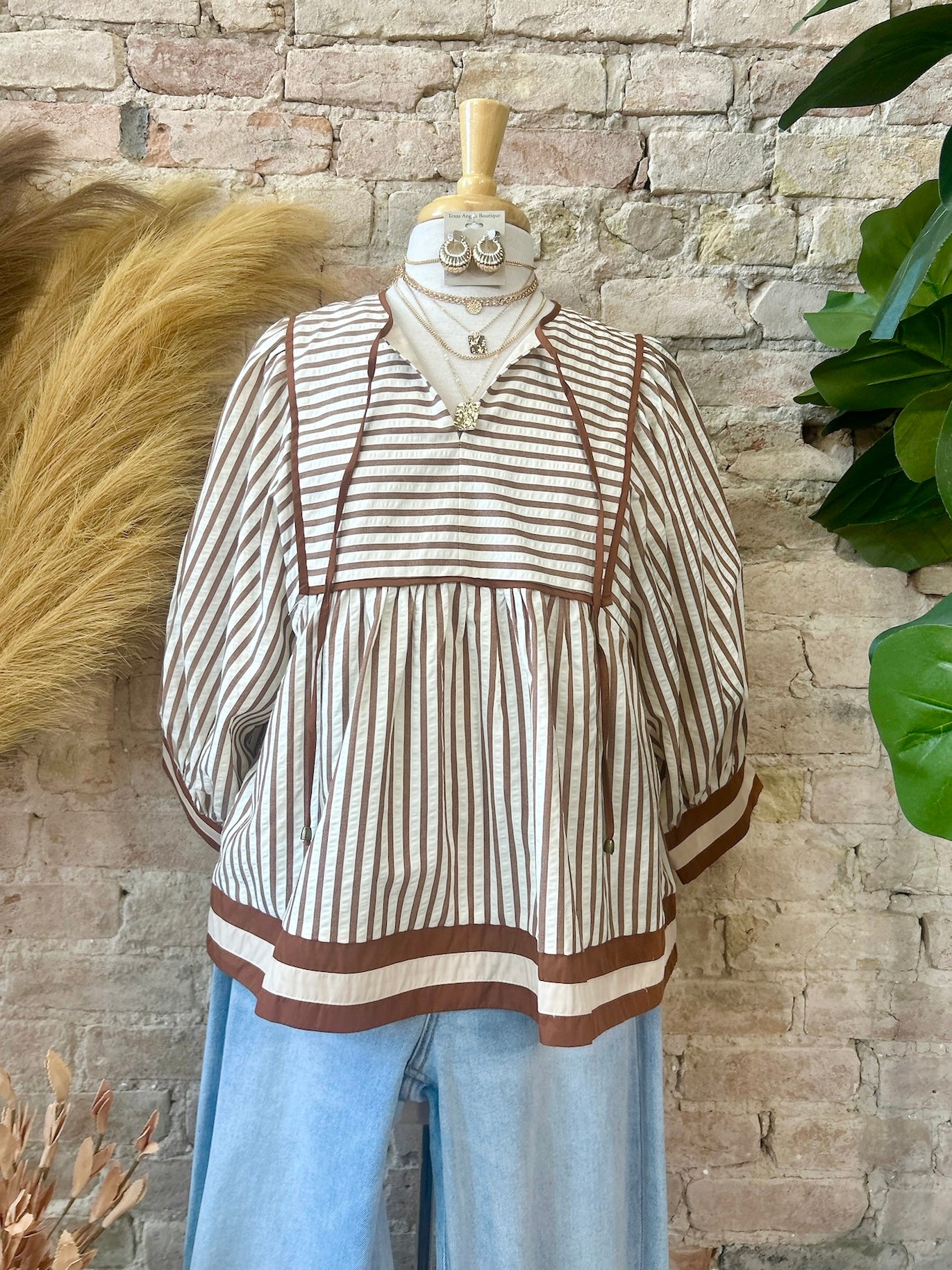 Falling Into Place Brown Striped Blouse