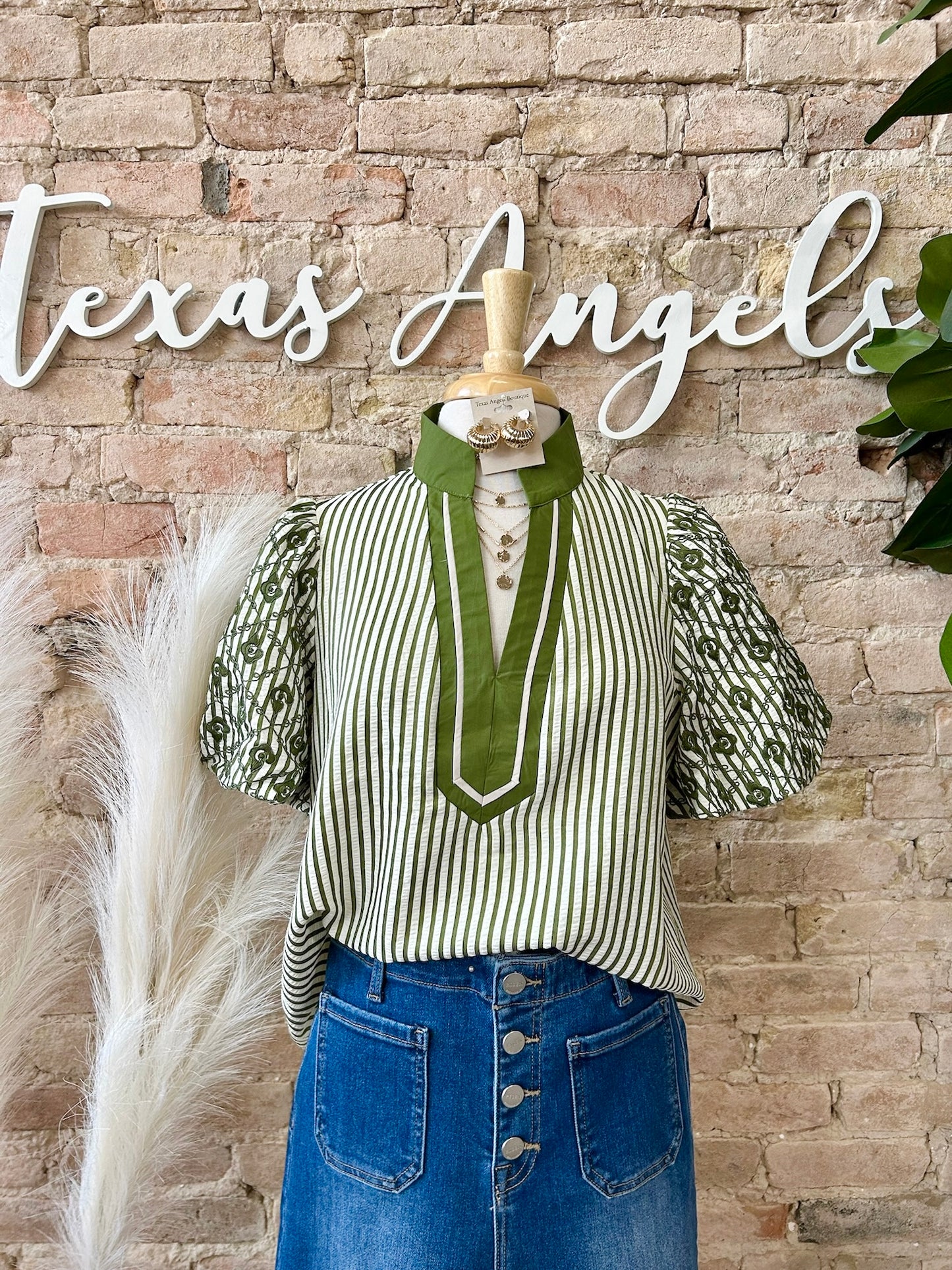 On The Bright Side Olive Striped Embroidered Blouse