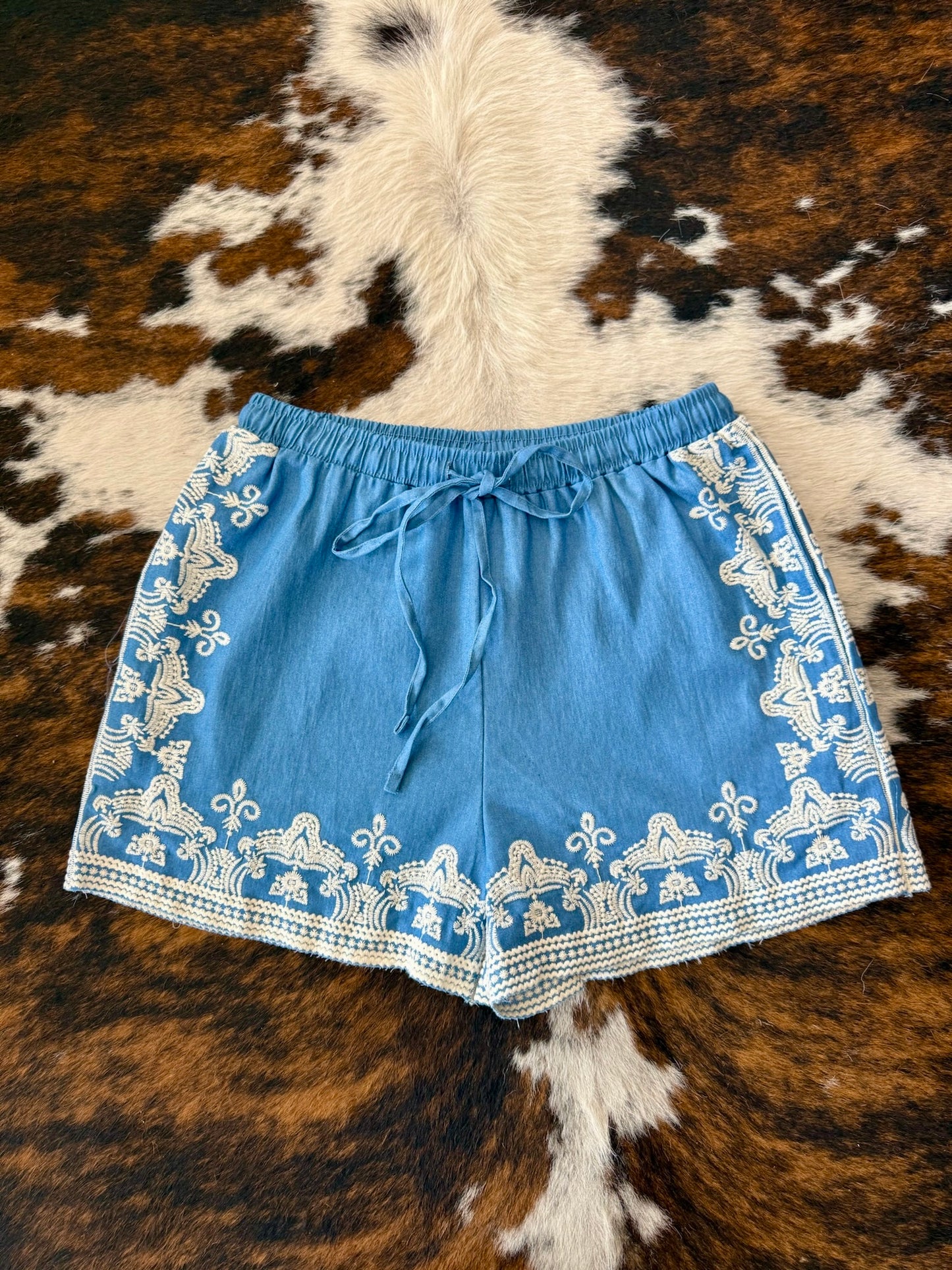 Coastin’ Dark Chambray Embroidered Shorts