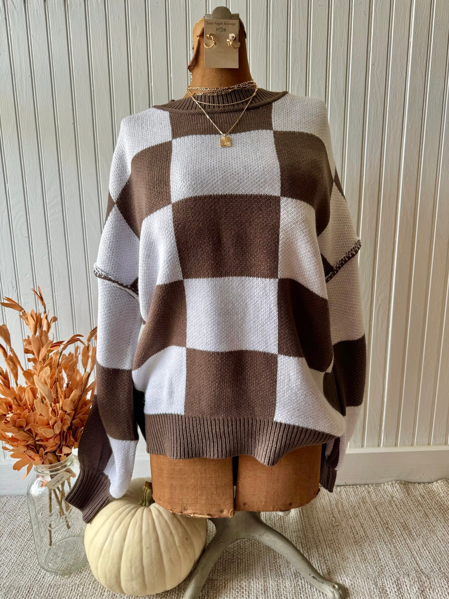 Casual Cutie Brown Checkered Sweater