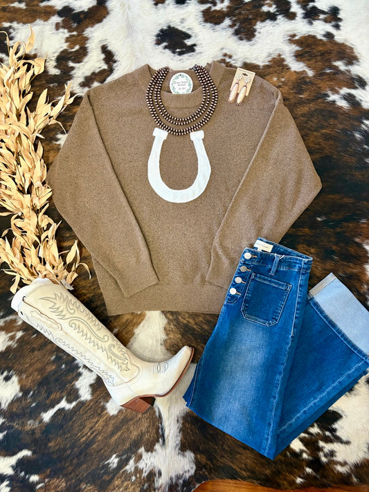 Bareback Rider Brown Horse Shoe Sweater