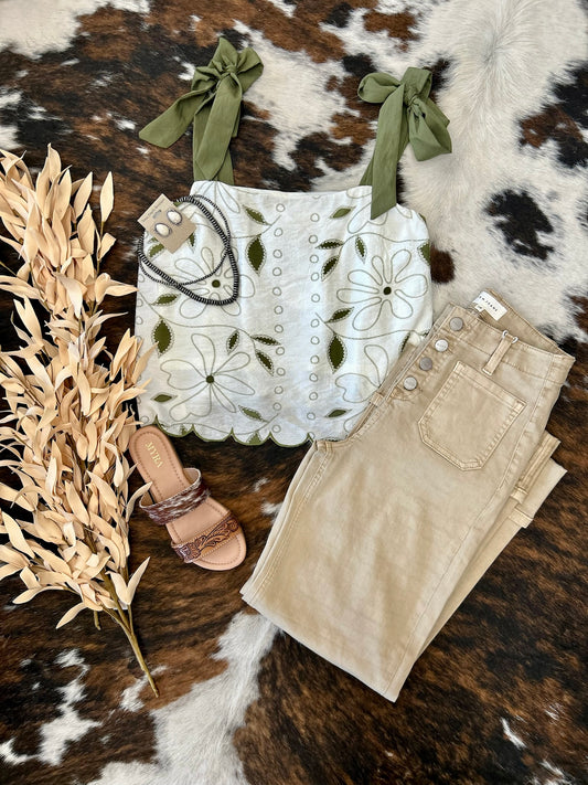 Every Story Is Worth Telling Embroidered Olive Scalloped Tank