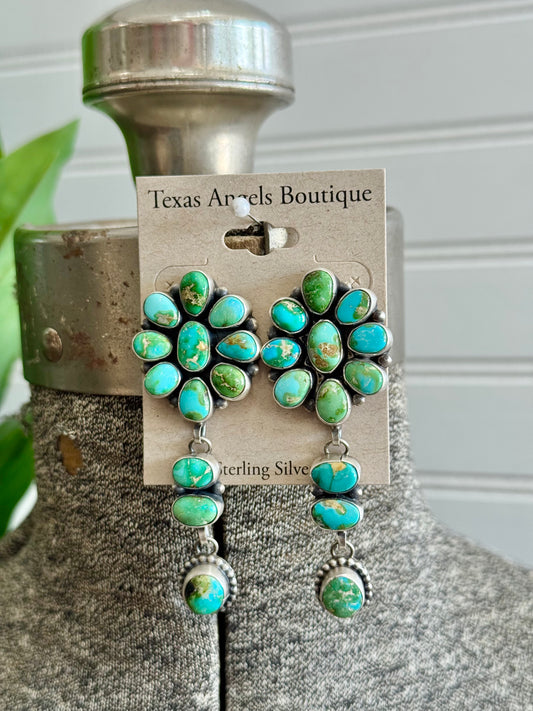 Navajo Handmade Silver Sonoran Gold Turquoise Cluster Earrings