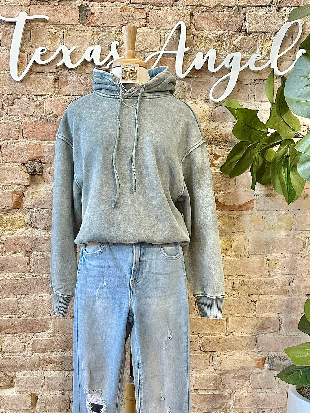 Headed There Sage Acid Wash Fleece Hoodie