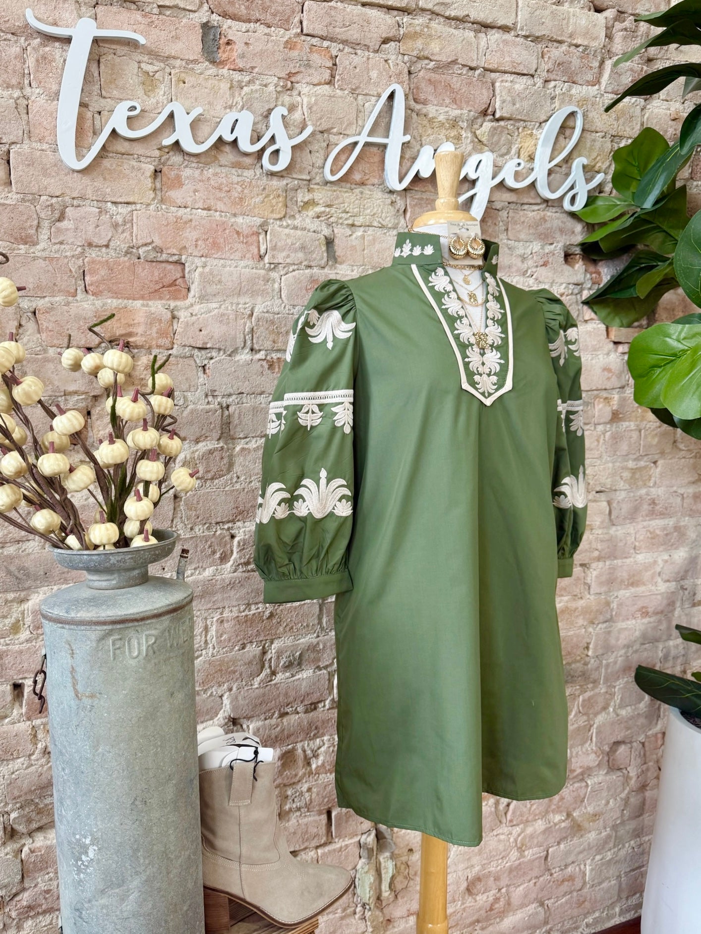 Only If You Promise Me Olive Embroidered Dress