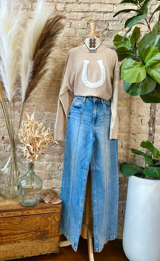 Bareback Rider Beige Horseshoe Sweater