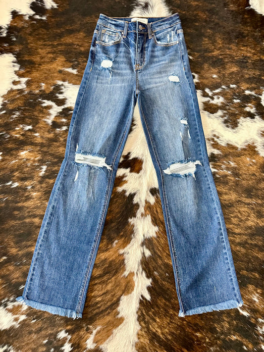 Deep Down Dark Wash Distressed Straight Leg Risen Jeans