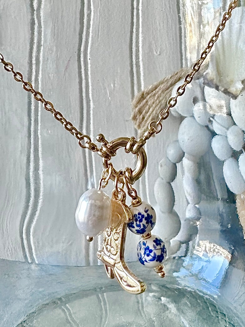 Blue Willow Gold Boot Necklace